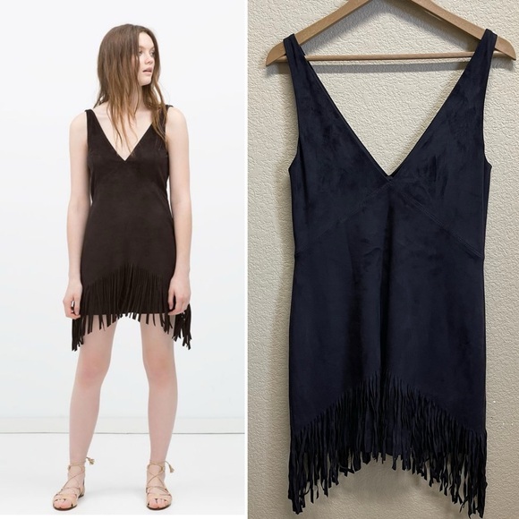 Zara Dresses & Skirts - 💥2/$20💥 ZARA Trafaluc Fringe Dress S Black Suede EUC